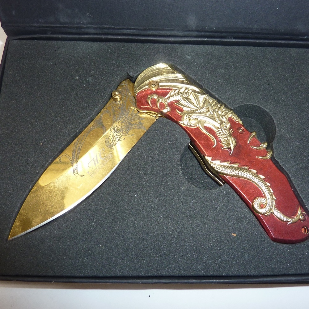 MASTERS COLLECTION MC-A045 Spring Assisted Open Folding Knife Etched Dragon Gold